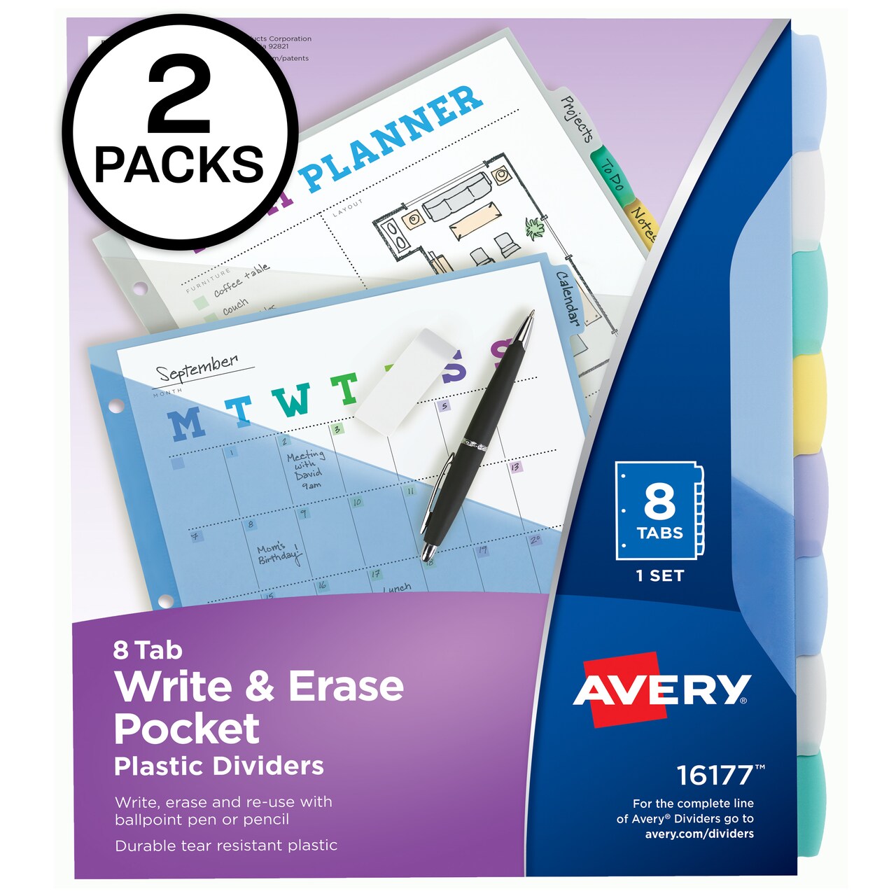 Write &#x26; Erase Plastic Dividers with Pockets, 8-Tabs, 2 Sets of 16177